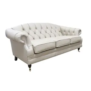 Chesterfield Original 3 Seater Sofa Settee Shelly Pebble Real Leather In Victoria Style