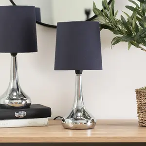 Pair - Silver Chrome Teardrop Touch Dimmer Table Lamps with Navy Blue Shade for Bedside Table Bedroom Light - LED Bulbs Included