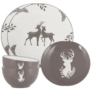 6 Piece Grey Stag Stoneware Christmas Dinner Set