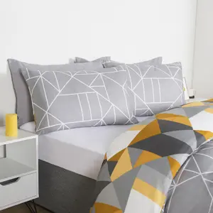 Duvet Cover Bedding Set Pillowcase Geometric Reversible Quilt, Ochre - Single