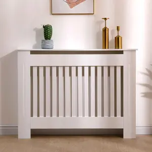 Oypla Medium White Wooden Slatted Grill Radiator Cover MDF Cabinet