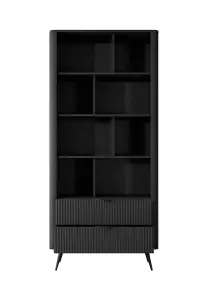 Lante Modern Black Bookcase 880mm H1940mm D380mm with Eight Open Compartments and Two Drawers