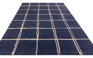 Blue Chequered Wool Modern Shaggy Handmade Rug For Living Room Bedroom & Dining Room-120cm X 170cm