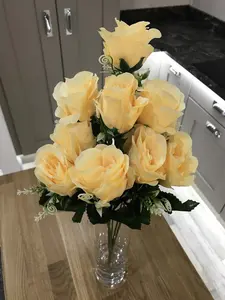 Best Artificial 9 Head Yellow Rose Flower Spray Bouquet