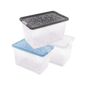 Set of 9 22 Litres Elegant Jasmine Leaves Strong Stackable Plastic Storage Boxes Complete With Clip Locked Lids