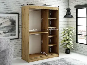 Leto V4 Contemporary 2 Sliding Mirror Door Wardrobe 5 Shelves 2 Rails Black Matt and Oak Effect (H)2000mm (W)1500mm (D)620mm