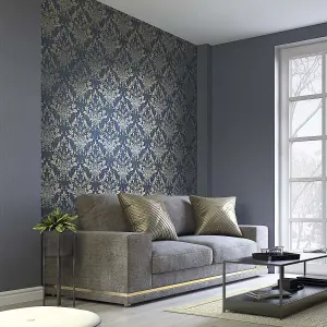 Galerie Serene Collection Metallic Black Ornamental Damask Wallpaper Roll