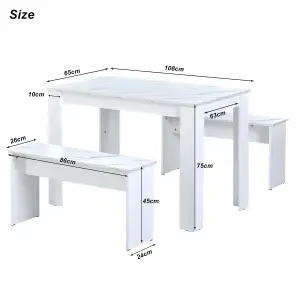 Dining Table with 2 benches Dining Table Set for Kitchen, Dining Room, Small Space Artificial Marble (White)