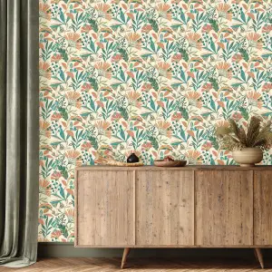 Grandeco Matisse Tropical Leaves Textured Wallpaper, Neutral Coral