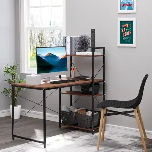 HOMCOM Computer Desk Laptop Table w/4-tier Bookshelf Metal Frame Walnut, Black