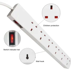 Extrastar 6 Way Extension Leads 13A, 2M, White, with Switch, Child-Resistant Sockets