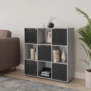 URBNLIVING 9 Cube Grey Wooden Bookcase Shelving Display Shelves Storage Unit Wood Shelf Black Door