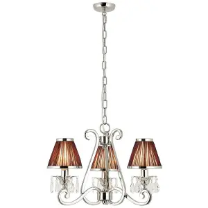 Esher Ceiling Pendant Chandelier Nickel Crystal & Brown Shades 3 Lamp Light