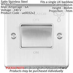 2 PACK 6A Extractor Fan Isolator Switch SATIN STEEL & White Trim 3 Pole Shower