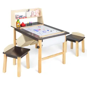 Costway Kids Table & Chair Set Children Wooden Toddler Drawing Art Desk w/ 2-Tier Shelf