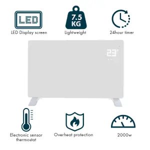 2000W LED Display Smart Electric Glass Panel Heater Wifi Enabled - White