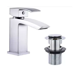 Square Chrome Bathroom Basin Tap With Free Pop Up Waste