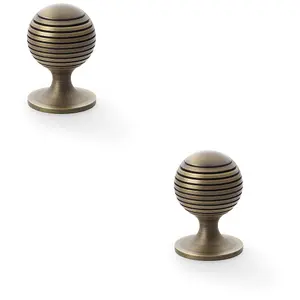 2 PACK - Reeded Ball Door Knob - 38mm Diameter Antique Brass Lined Cupboard Pull Handle