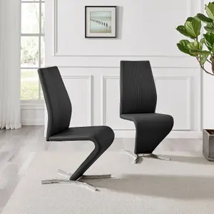 Set of 2 Willow Black Soft Touch Faux Leather Z Shaped Metal Cantilever Chrome Leg Dining Chair