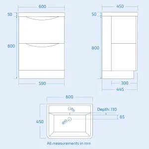 Nes Home Merton 600mm Grey Freestanding Vanity Basin Unit & Rimless Close Coupled Toilet