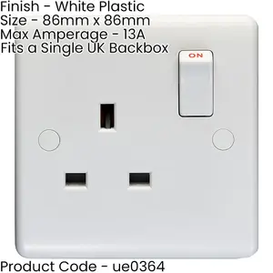 1 Gang Single Pole 13A Switched UK Plug Socket - WHITE PLASTIC Wall Power Outlet