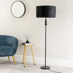 ValueLights Marissa Matt Black Stacked Ball Floor Lamp with Black Velvet Shade