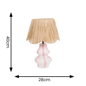 ValueLights Perrie Blush Pink Ceramic Pin Stripe Bedside Table Lamp with Raffia Shade - LED Bulb Included