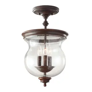 3 Bulb Semi Flush Light Storm Glass Shade Heritage Bronze LED E14 60W