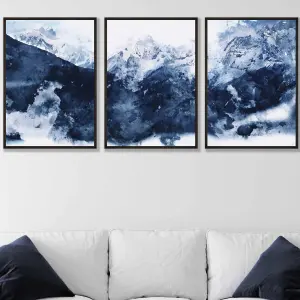 Set of 3 Abstract Navy Blue Mountains Wall Art Prints / 50x70cm / Black Frame