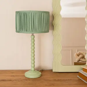 ValueLights Bobbins Sage Green Table Lamp with Ruched Pleated Green Drum Lamp Shade and LED Bulb