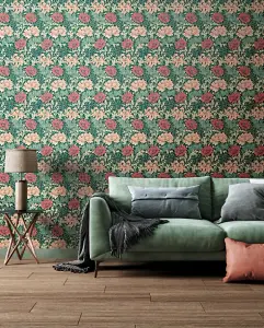 Hoopla Walls Chrysanthemum  Green & Pink Smooth Matt Wallpaper