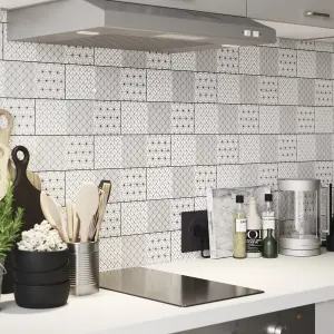 Glina Black & white Gloss Geometric Ceramic Wall Tile Sample