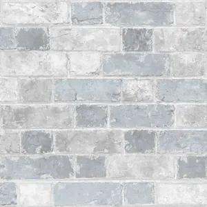 Brick Wall Effect Stone Sky Blue Light Grey Rustic Wallpaper Bedroom Boys Girl