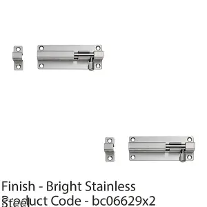 2 PACK - Straight Barrel Surface Mounted Sliding Door Bolt Lock 80mm x 38mm Bright Steel