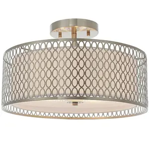 Low Ceiling Geometric Light Satin Nickel Glass & Fabric Round Modern Lamp Shade