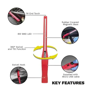 Sealey Rechargeable Slim Inspection Lamp 360 Degree 8W 1W SMD LED Red LED3604R