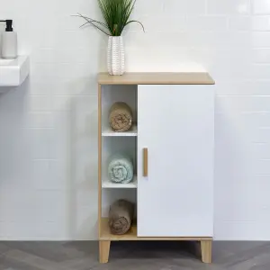 Showerdrape Varallo Matt White & Bamboo Floor Bathroom Cabinet with Display Shelves