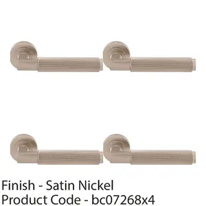 4 PACK - Premium Knurled Door Handle Set - Satin Nickel Angled Lever on Round Rose