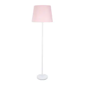 ValueLights Charles White Single Stem Floor Lamp with Pink Tapered Shade and LED Bulb