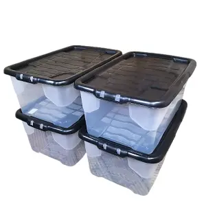 4 x 42L Clear Storage Box with Black Lid, Stackable and Nestable Design Storage Solution