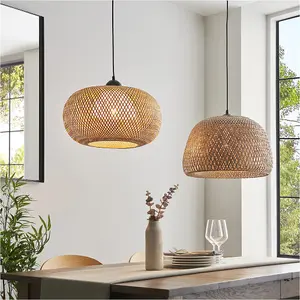 Hanging Ceiling Pendant Light - Dome Natural Bamboo White Pc & Matt Black - 10W LED E27