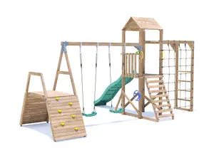 Dunster House Wooden Climbing Frame with Two Swings, Climbing Wall, Monkey Bars, Cargo Net & Slide BalconyFort Low Platform