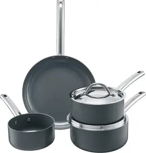 6 Piece Dark Grey Kitchen Cookware Set - Dishwasher & Oven Safe Anodised Pan Set with Non-Stick Coating - Suitable for All Hobs