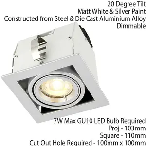 Single Square Adjustable Head Ceiling Spotlight Silver GU10 7W Box Downlight