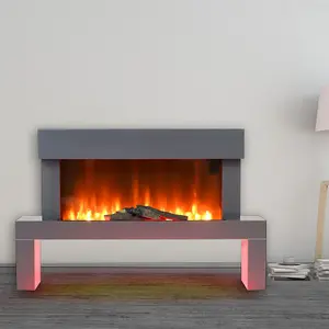 LED Freestanding Electric Fire Suite Black Fireplace with Grey Surround Set 7 Flame Colors Adjustable 47 Inch