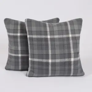 Woven Check Cushion Covers Tartan Pack of 2 Pillow, 45 x 45cm - Charcoal