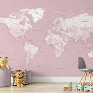 Pink World Map Wallpaper Mural - Peel & Stick Wallpaper - Size Large (500 x 265 cm)