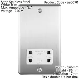 230v & 115v Shaver Twin Socket Wall Plate SATIN STEEL & White Trim 86mm x 146mm