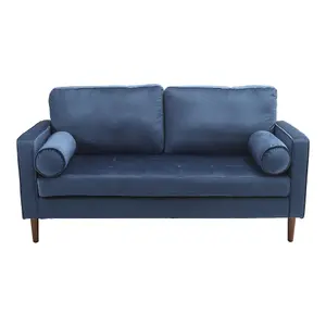 Blue Double Sofa 2-Seat Velvet Sofa with Bolster Pillows