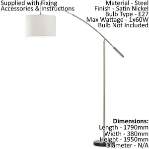 Floor Lamp Light Satin Nickel Shade White Fabric Hoop & Loop Tape Bulb E27 1x60W